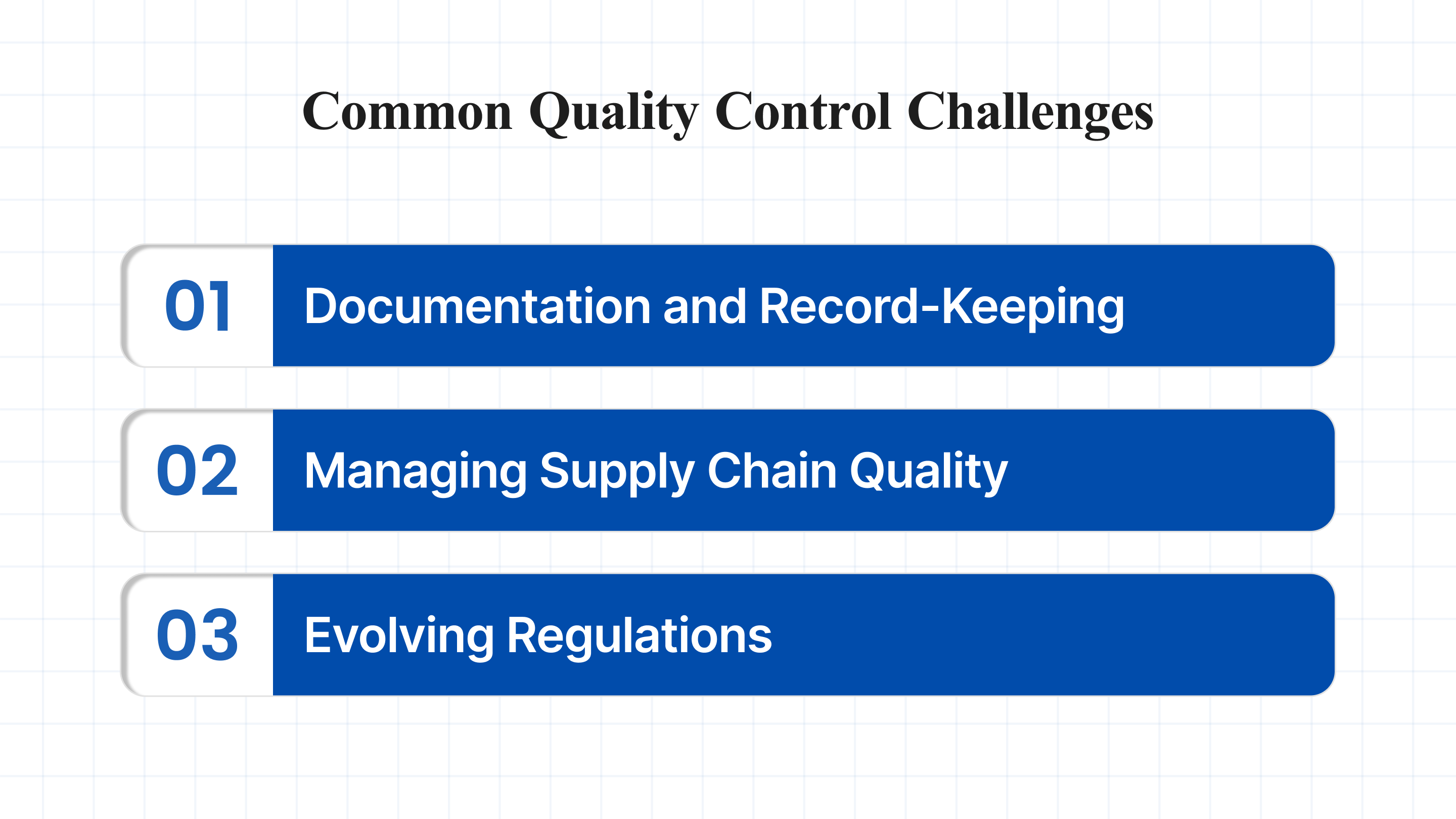 Common quality control challenges include inconsistent documentation, managing supply chain quality, and staying up-to-date with evolving regulations. With the right tools, like Atlas Compliance, businesses can address these challenges by proactively tracking issues and maintaining compliance and efficiency.
